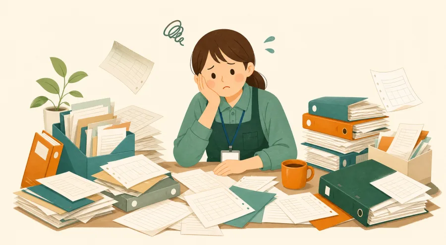 紙の日誌やファイルが机いっぱいに散らばり、困っている職員